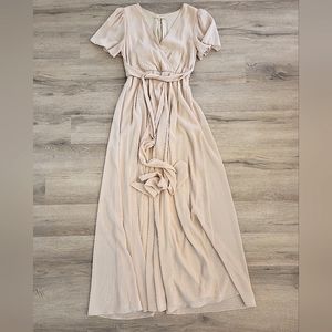 GUC Champagne floor length, flutter sleeve, empire waist formal gown, size Small